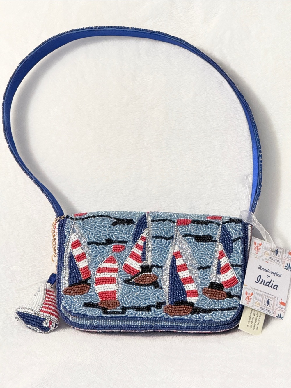 Handcrafted Blue Beaded Sailboat Crossbody Bag